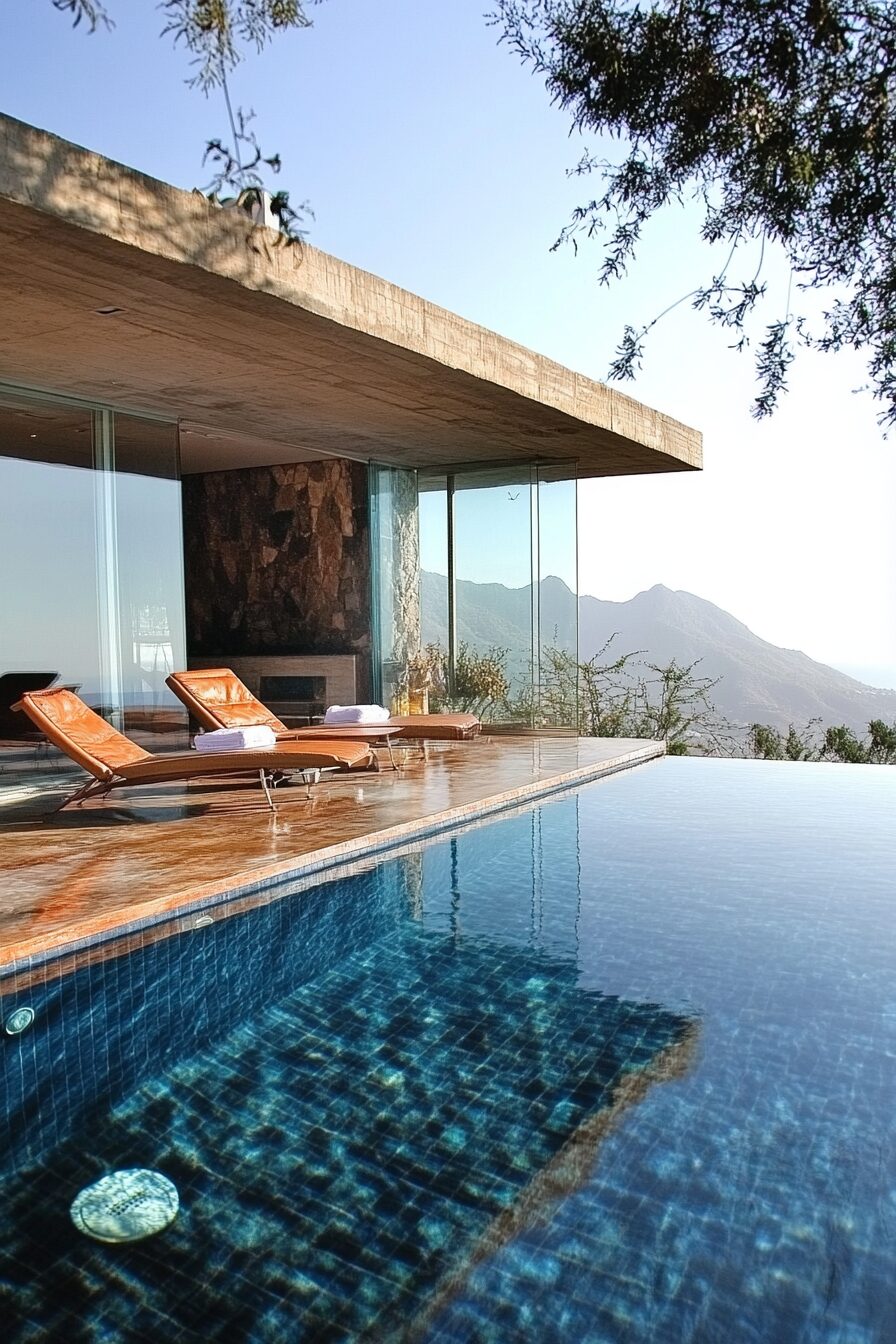Pool house. Glass-surround indoor-outdoor shower and Eames loungers overlooking thalassic panorama.