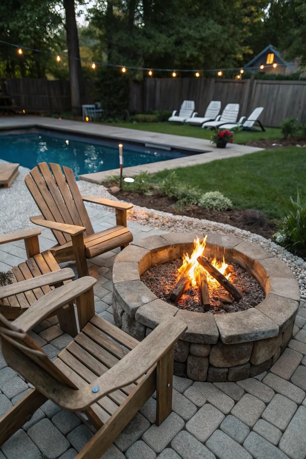 Rustic wooden furniture enhances the charm of a backyard fire pit.