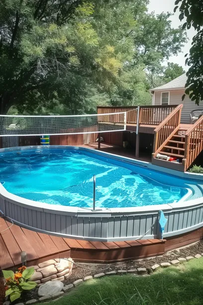 large above ground pool like sports center with volley ball net fun and fitness