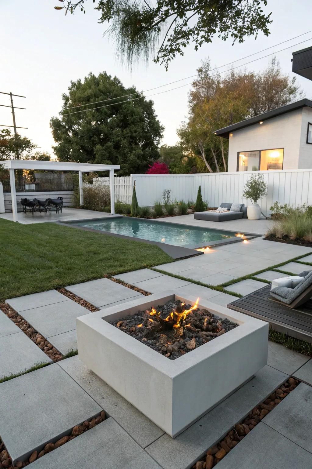 A sleek, modern fire pit adds a minimalist touch to the backyard.