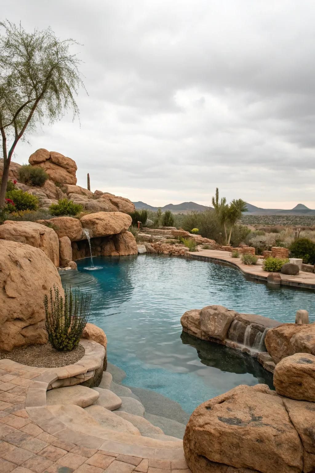 Natural rocks complement the desert theme around a pool.