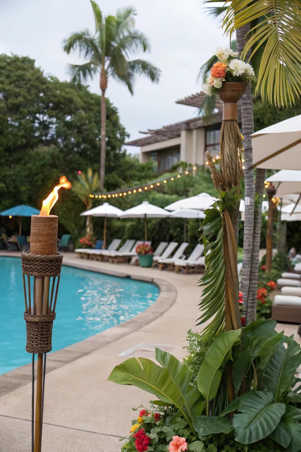 Themed decorations transform the poolside into a tropical paradise.