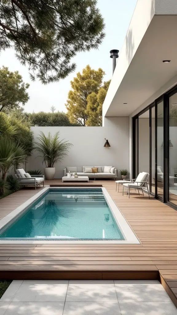 Modern small pool with a wooden deck and stylish outdoor seating