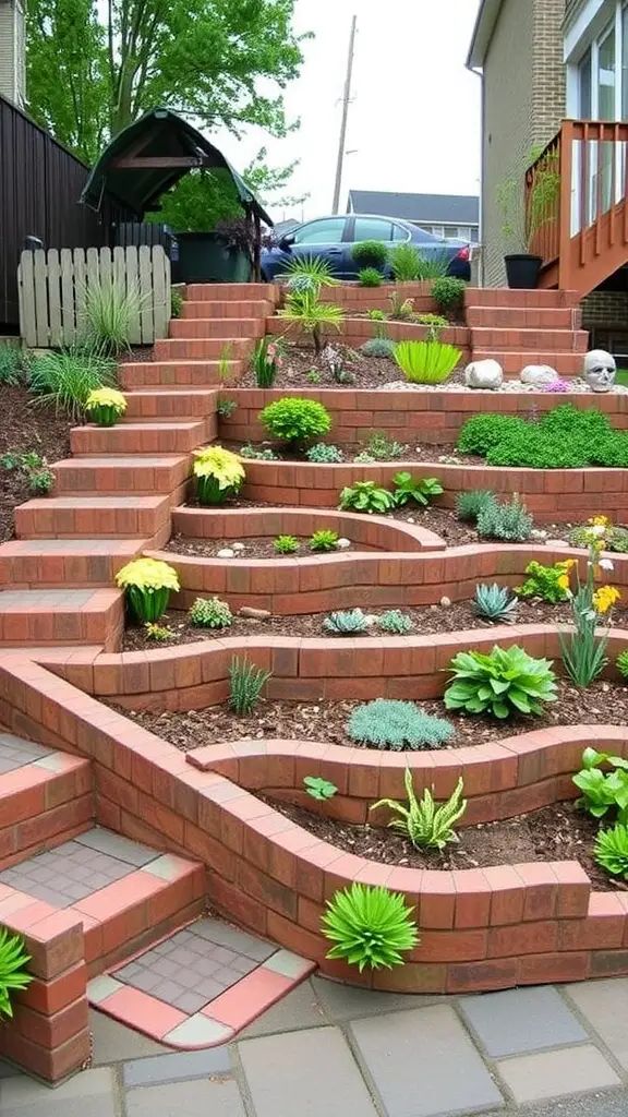 A beautifully designed sloped garden with terraced planting beds and a variety of plants.