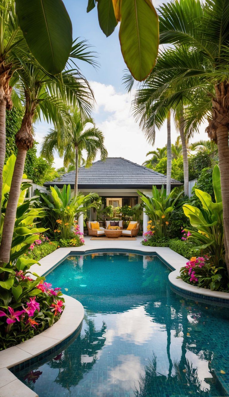 A lush backyard oasis with a sparkling pool, surrounded by palm trees, exotic flowers, and vibrant greenery. A peaceful and luxurious tropical escape