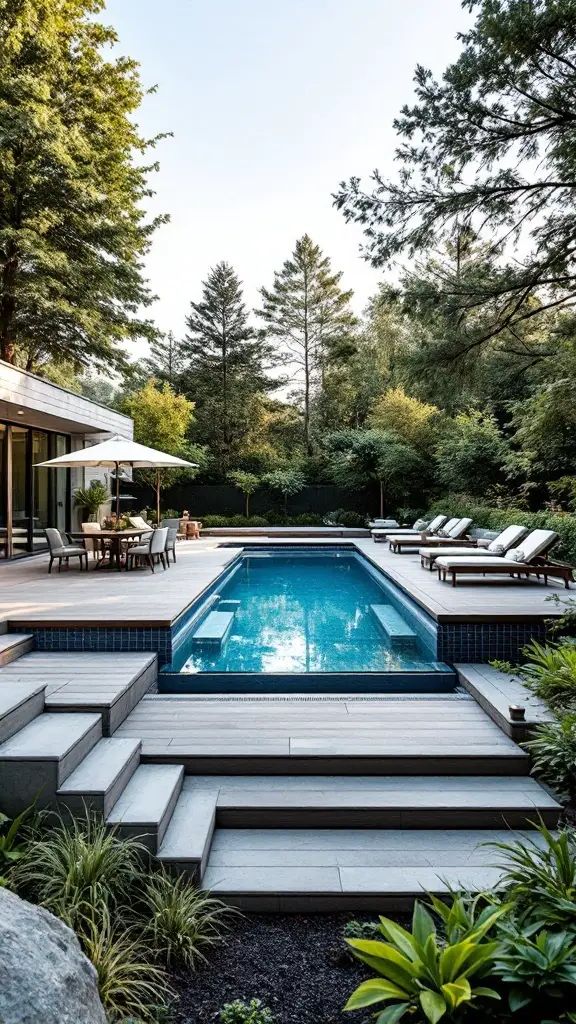 A contemporary small pool with a tiered deck surrounded by greenery and lounge chairs.