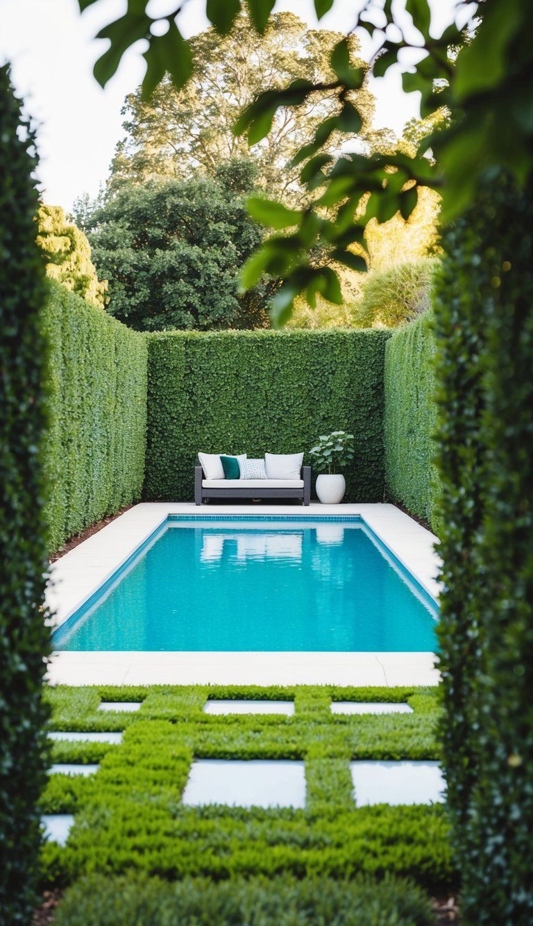 Lush green hedges surrounding a sparkling pool, creating a private oasis in the backyard