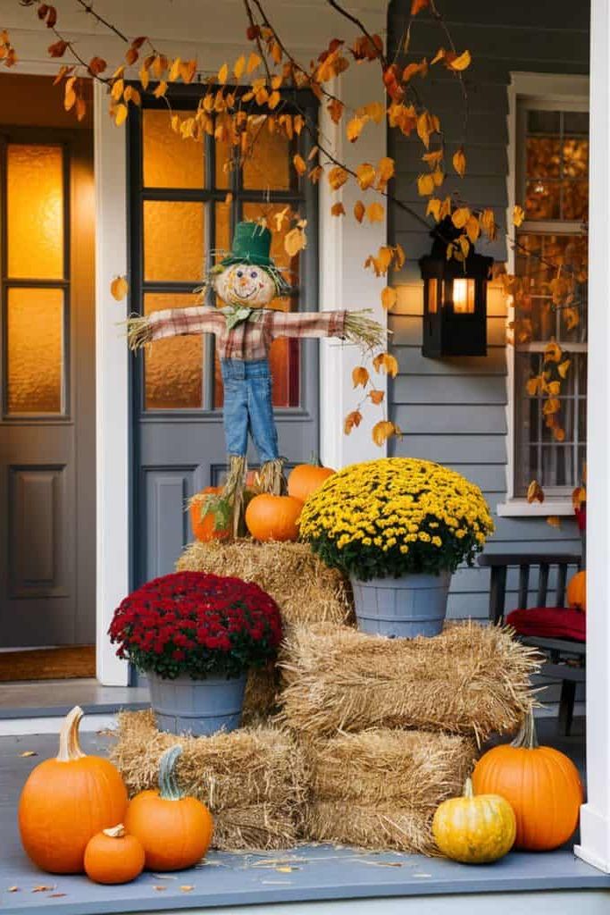 Fall porch with hay bales, scarecrow, and mums