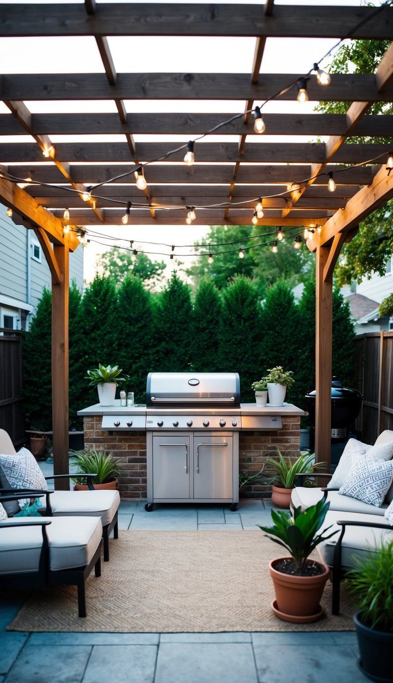 A backyard patio with a BBQ grill as the focal point, surrounded by comfortable seating, string lights, potted plants, and a wooden pergola overhead