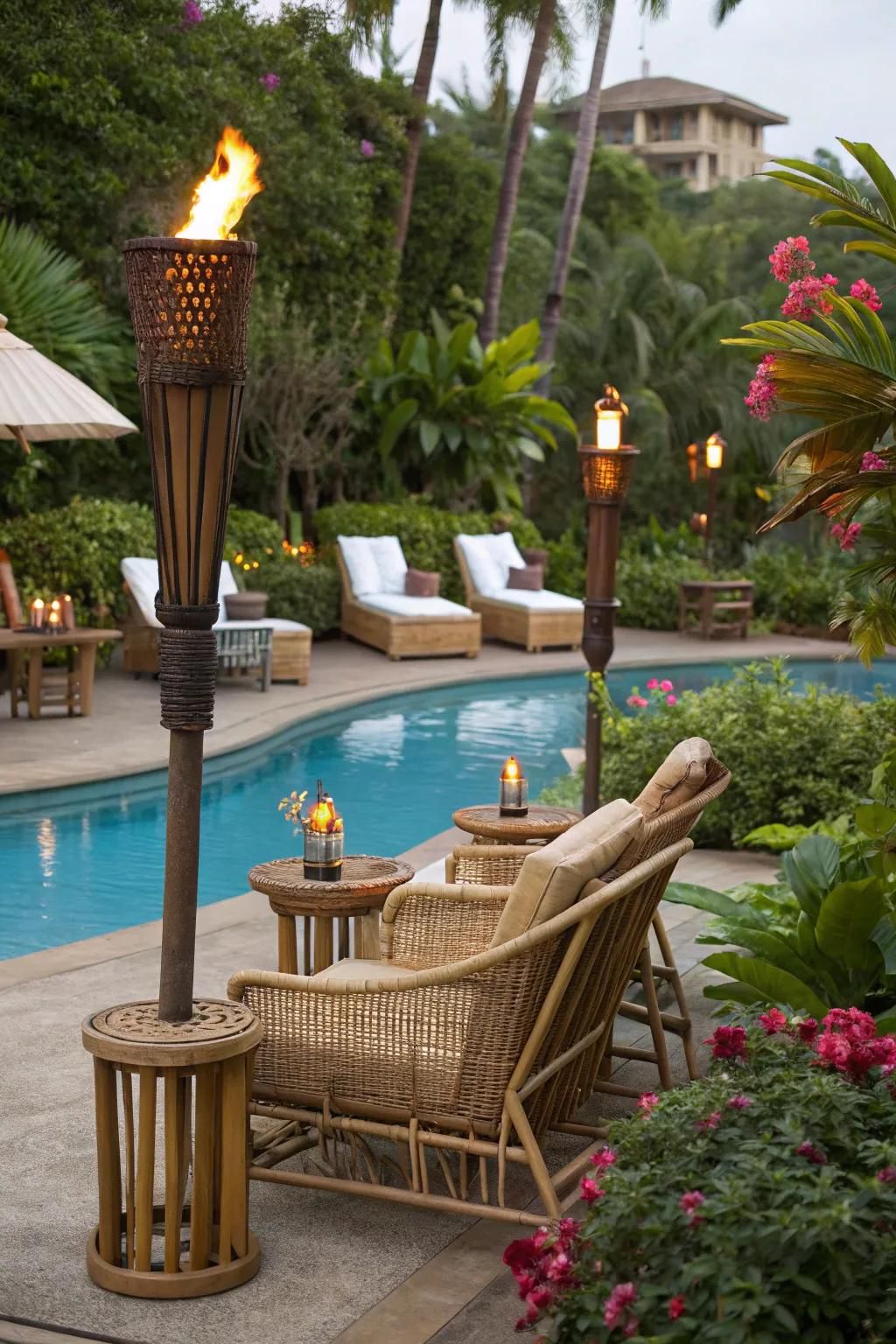 Create a resort-like atmosphere with tropical touches.