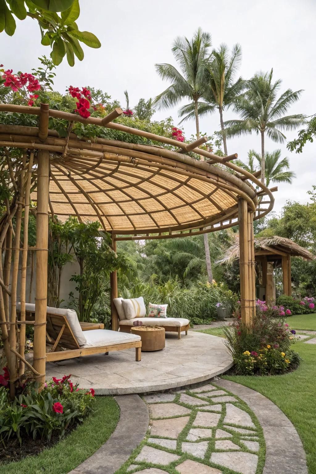 A bamboo pergola creates a tropical paradise in your own backyard.