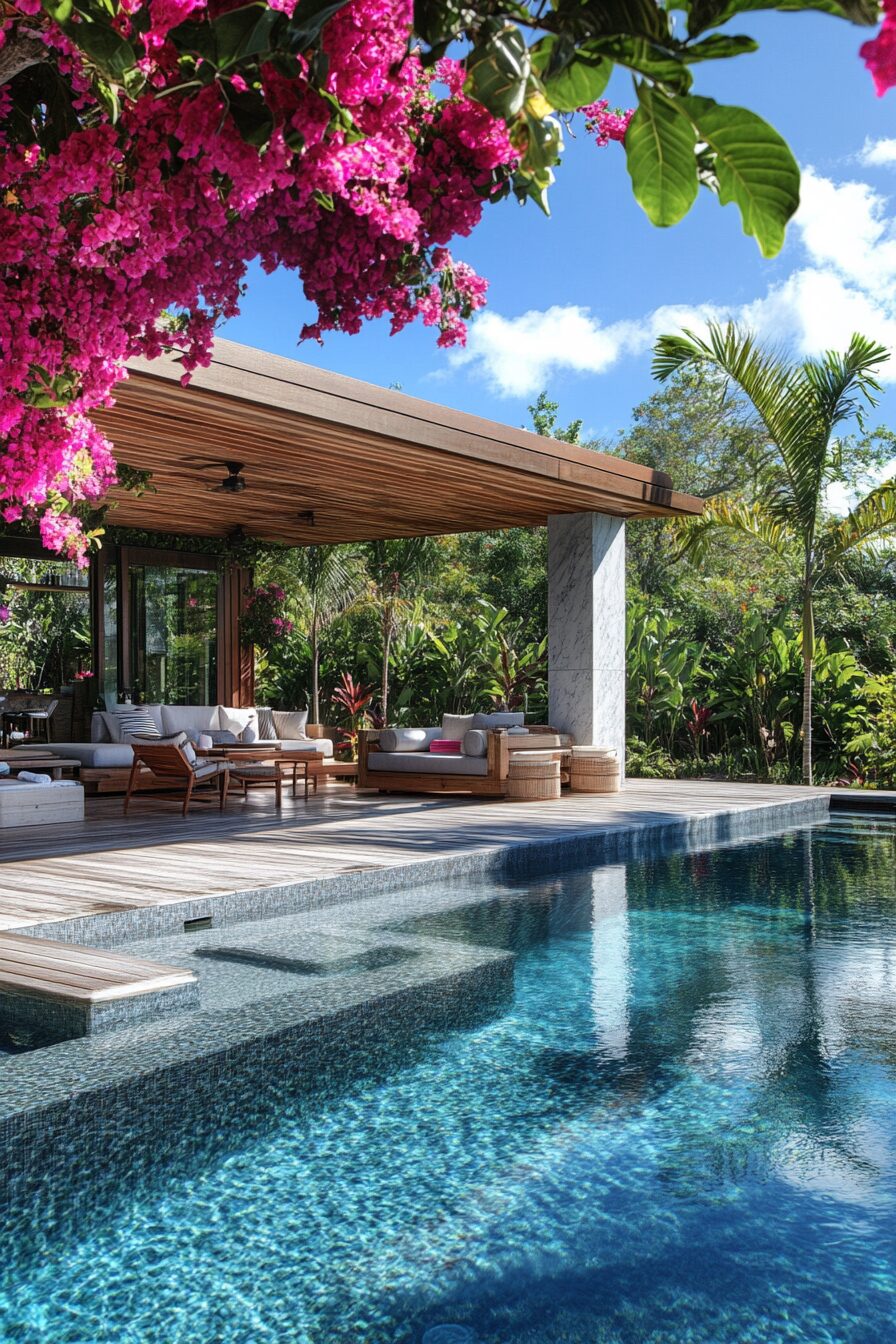 Luxe pool house. Teak decking, marble indoor-outdoor shower, cabana and Bougainvillea covered lounge overlooking pool.