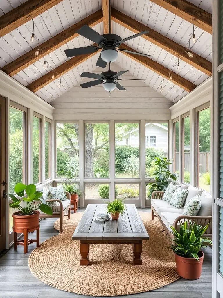 A cozy farmhouse-style screened back porch with a wooden ceiling, comfortable seating, and green plants.