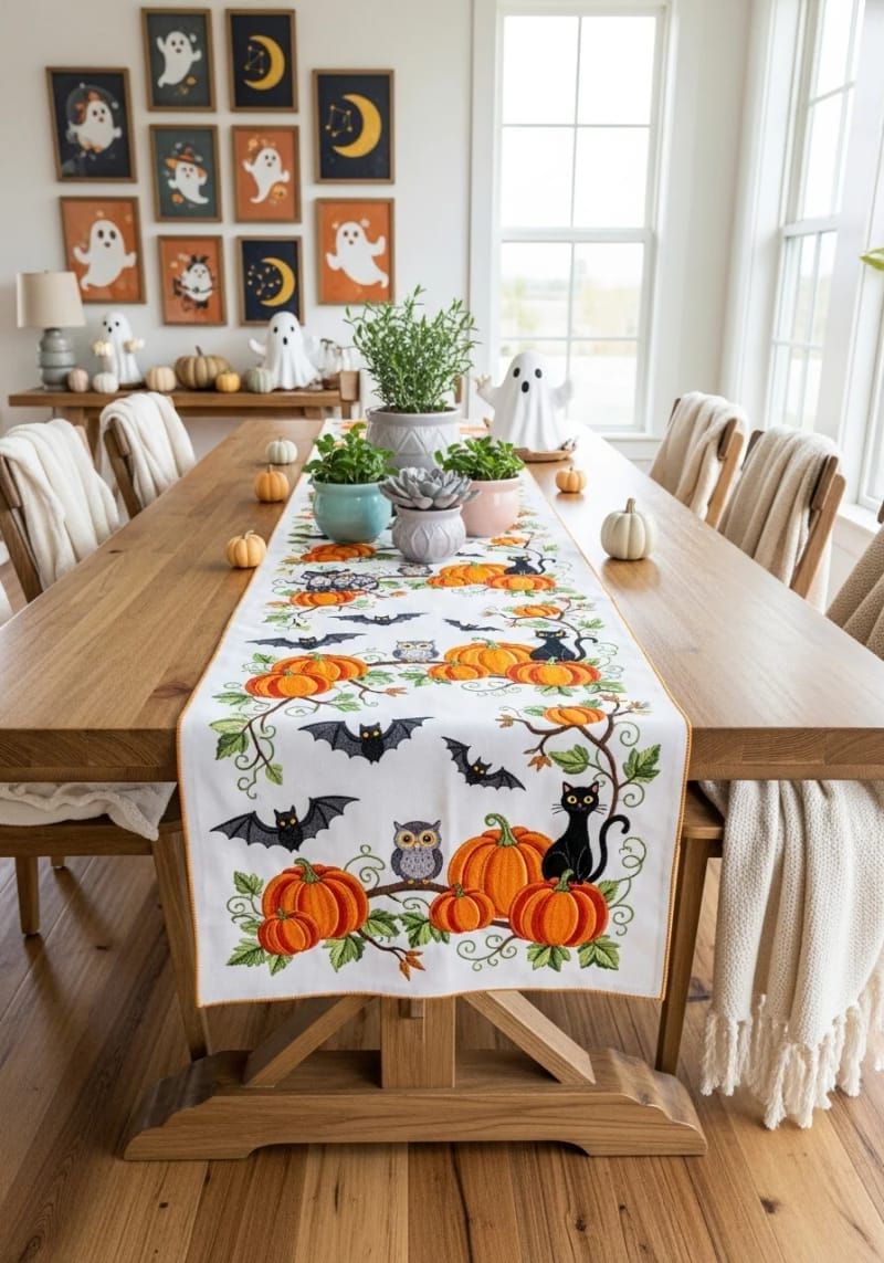 pumpkin patch table runner with embroidered critters 1