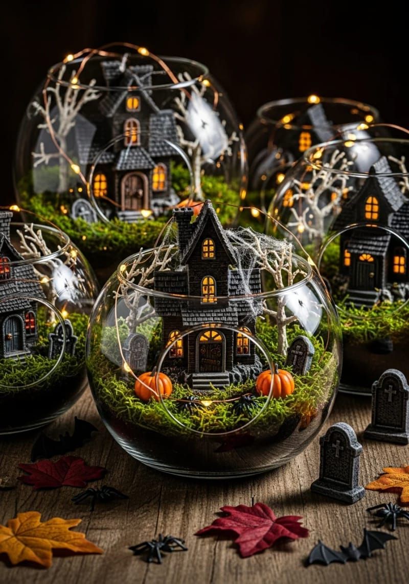 tiny haunted house terrariums with fairy lights 1