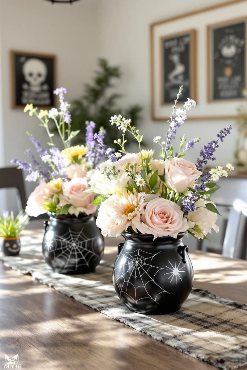 adorable black cauldron vases with spiderweb prints filled with pastel flowers 1