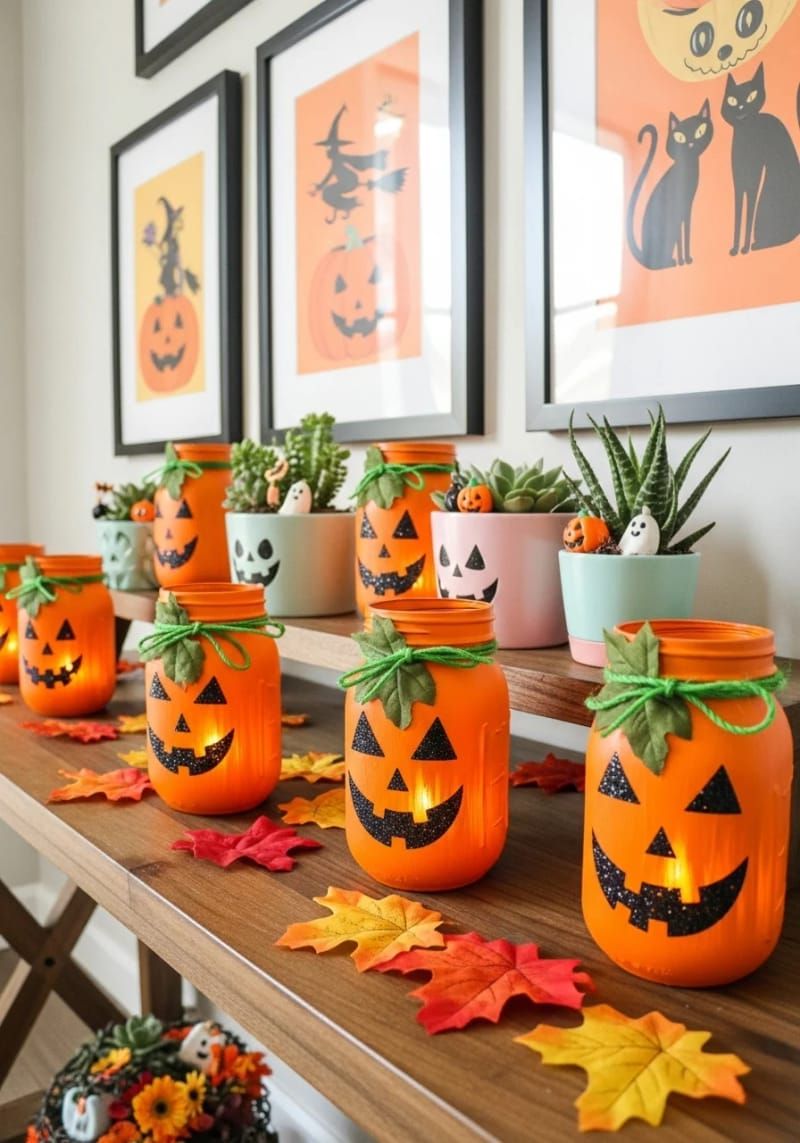 mason jars with glittery jack-o’-lantern faces 1