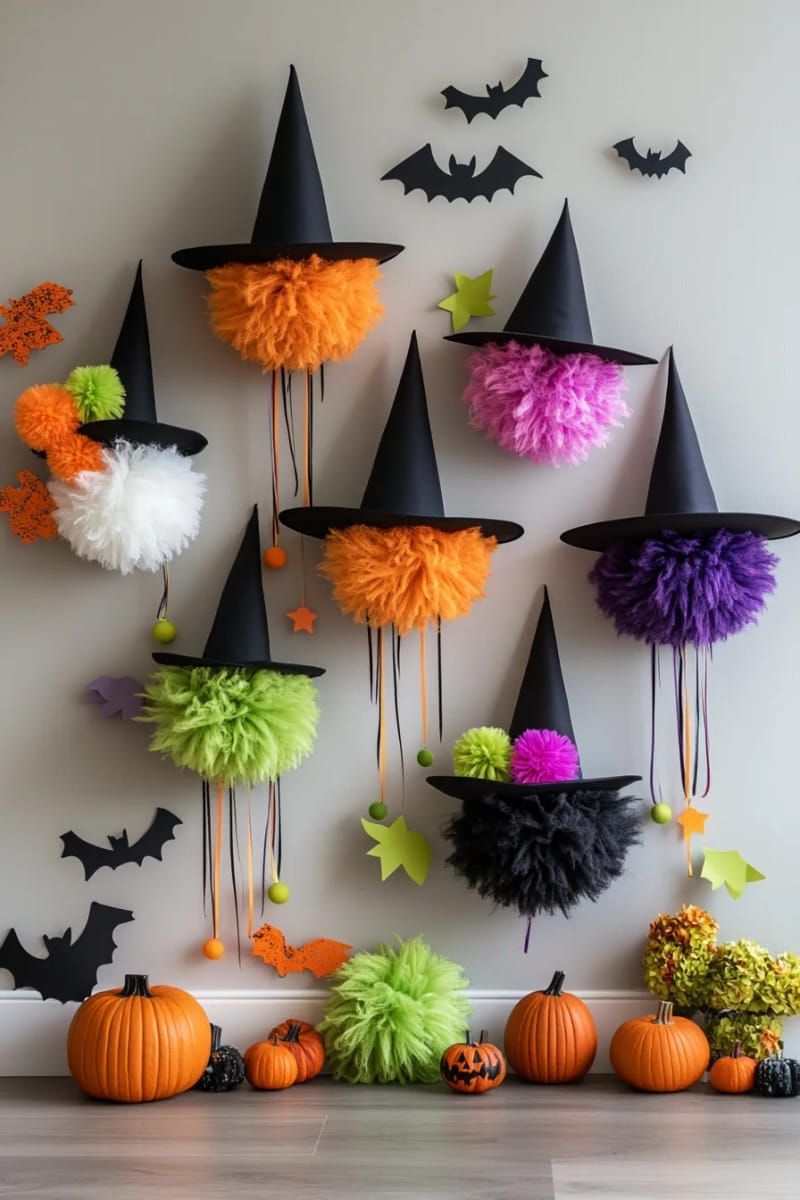 witch hat wall hangings with pompom trims 1