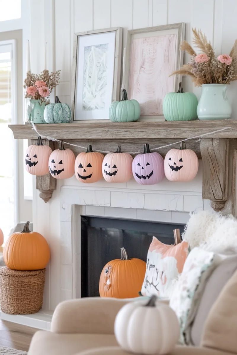 mini pumpkin garlands with pastel painted faces 1