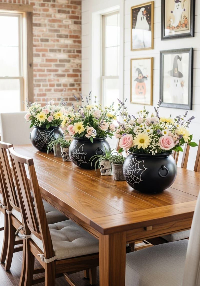 adorable black cauldron vases with spiderweb prints filled with pastel flowers 1