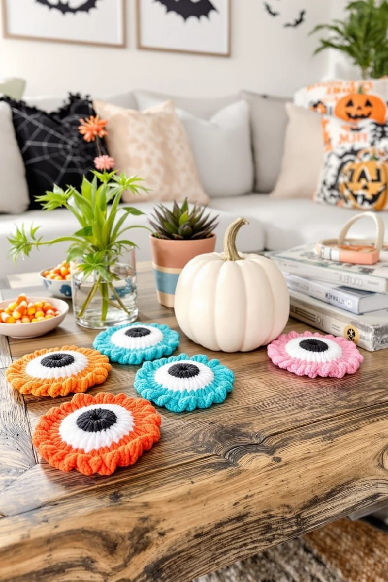 crochet eyeball coasters in cheerful colors 1