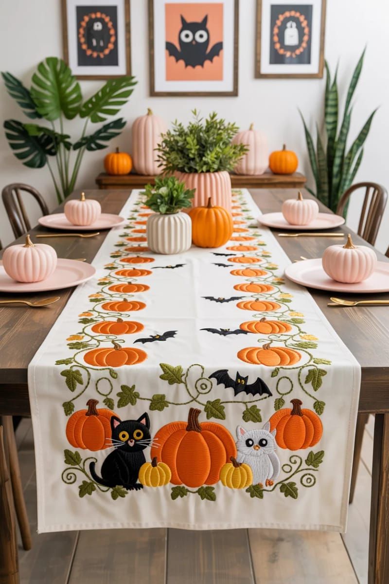 pumpkin patch table runner with embroidered critters 1