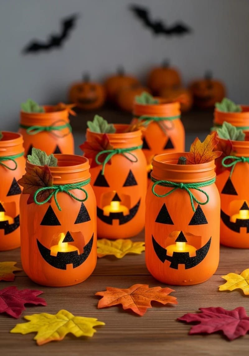 mason jars with glittery jack-o’-lantern faces 1