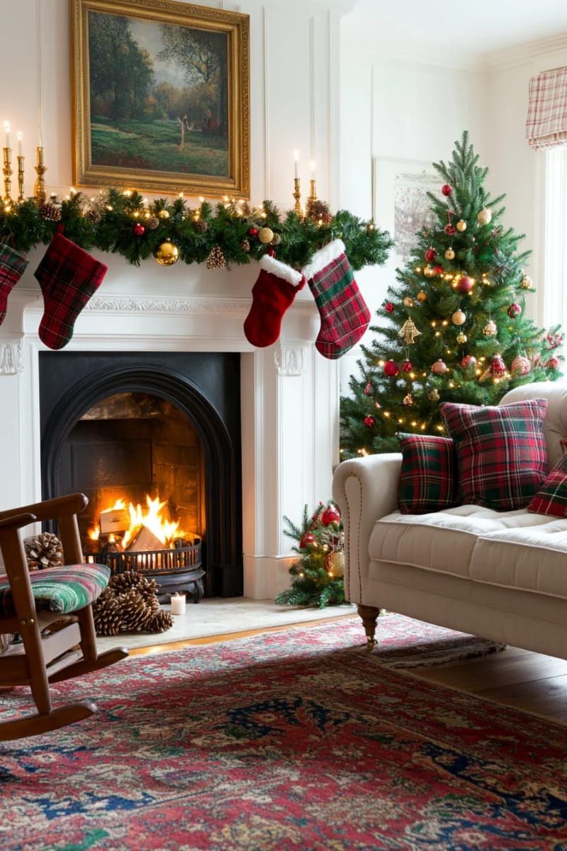 cozy living room with plaid throws, stockings, and vintage candleholders on the mantel 1