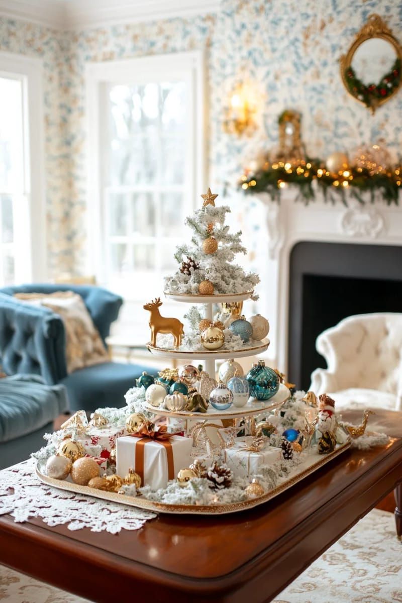 tiered trays with mini presents, toy reindeer, and vintage glass ornaments 1