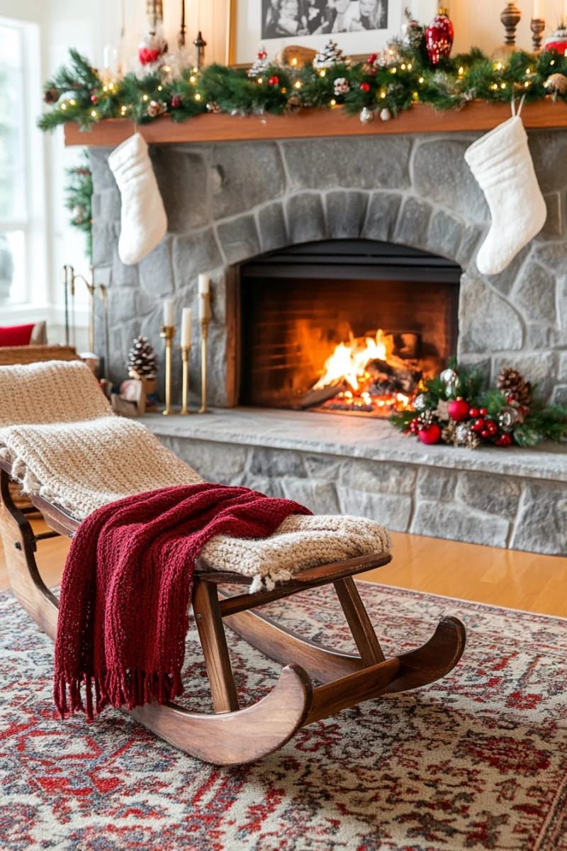antique wooden sled propped by the fireplace, draped with a knitted blanket 1