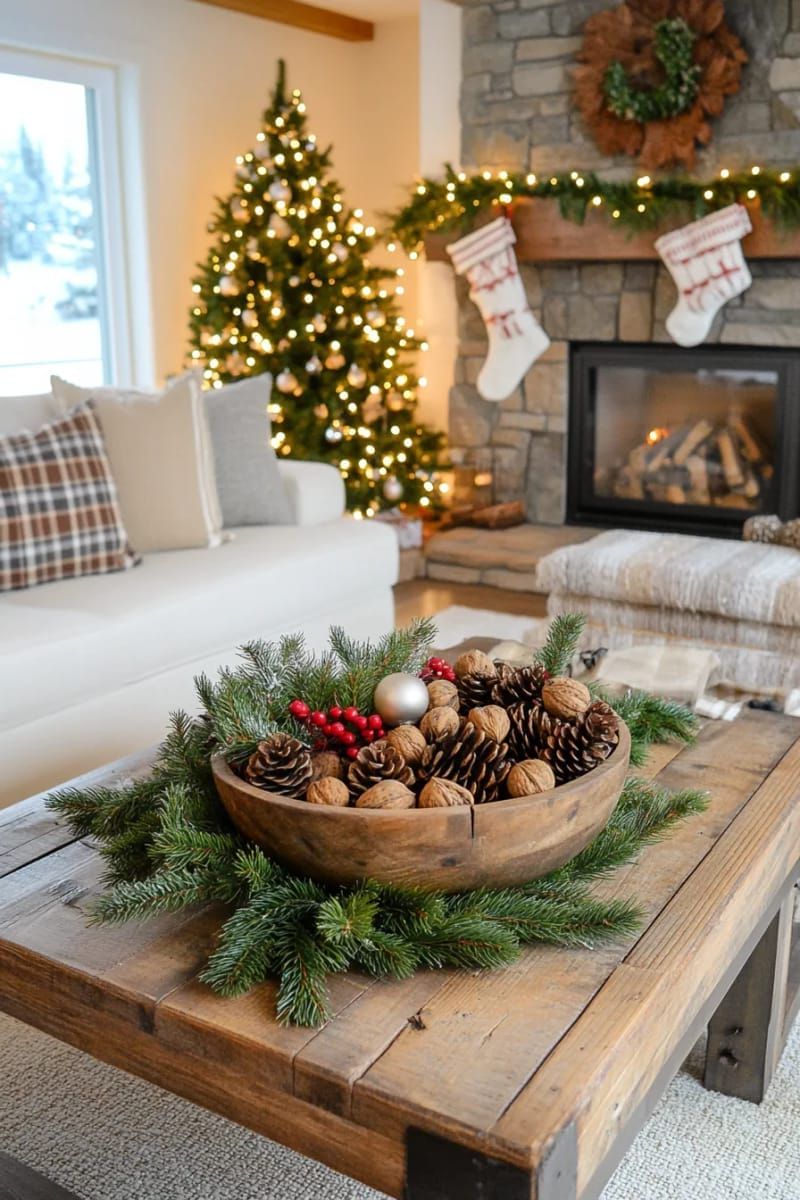 snow-dusted pinecones and walnuts nestled in a rustic wooden bowl 1