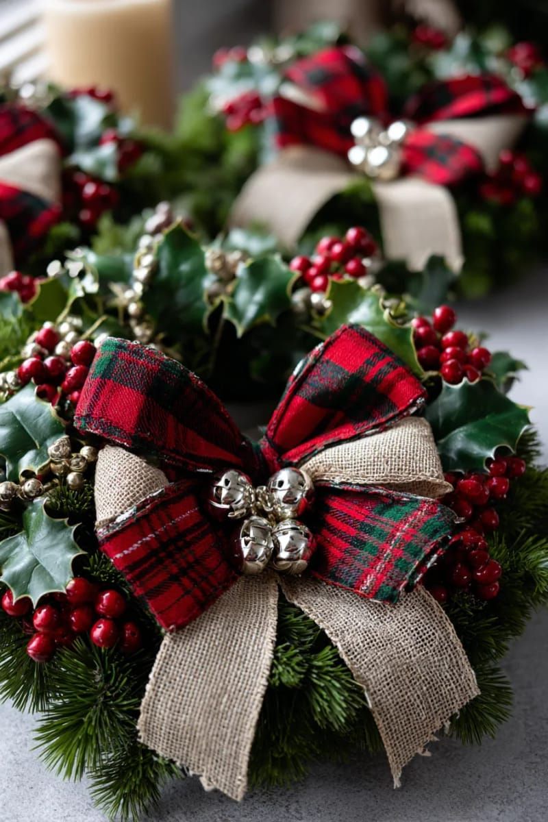 burlap and red plaid bows tied onto wreaths using jingle bells and holly sprigs 1
