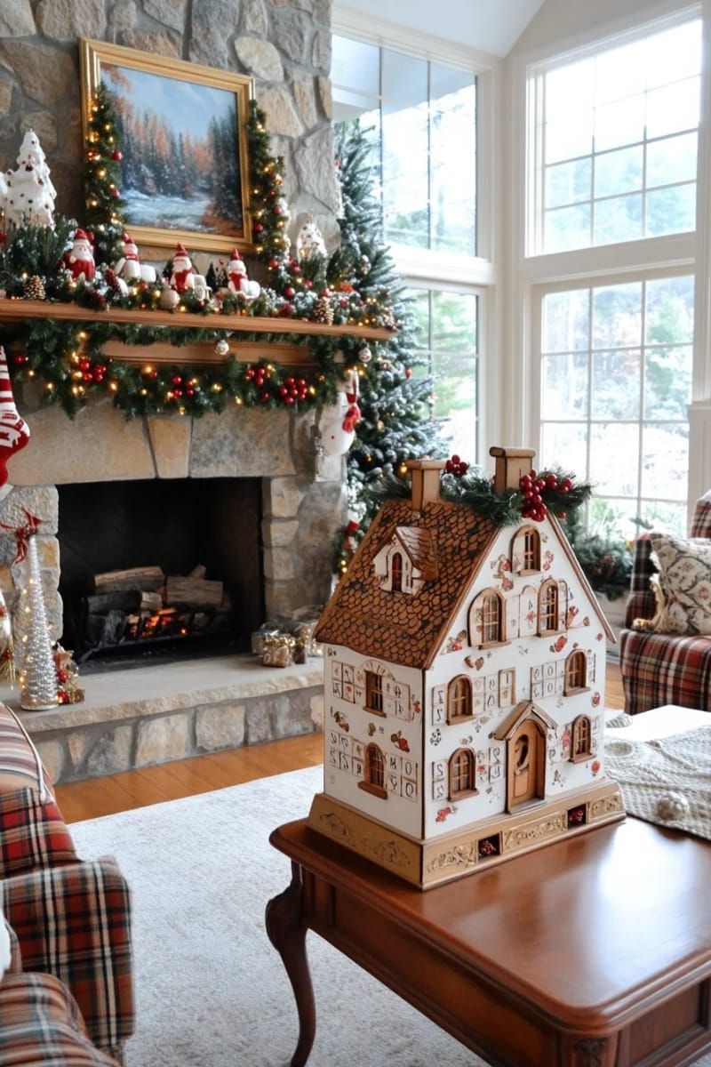 hand-painted wooden advent calendar shaped like a snowy cottage 1