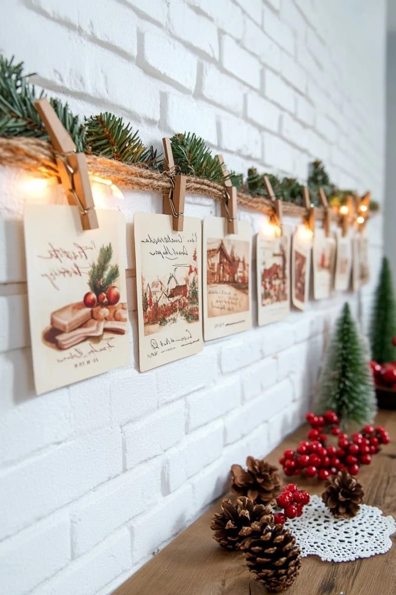display of old-fashioned christmas postcards on a twine string with clothespins 1