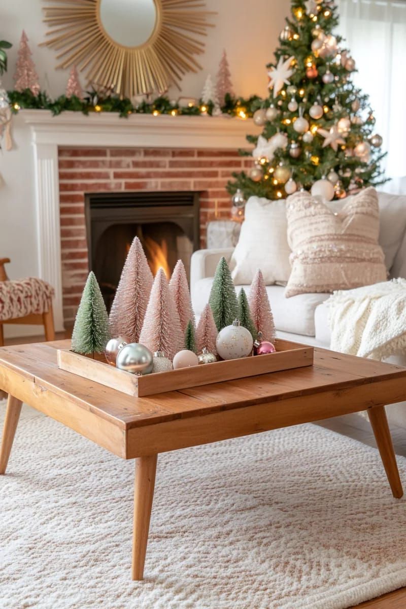 mid-century bottle brush trees in pastel colors grouped on a wooden tray 1