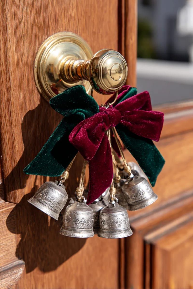 festive doorknob hangers made from velvet ribbons and vintage jingle bells 1
