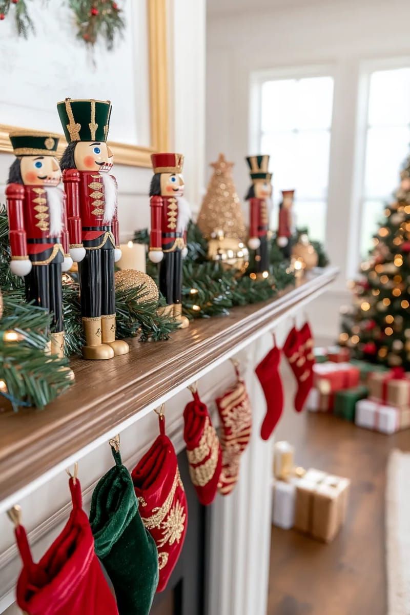 classic nutcracker figures lined up along a mantelpiece with faux snow 1
