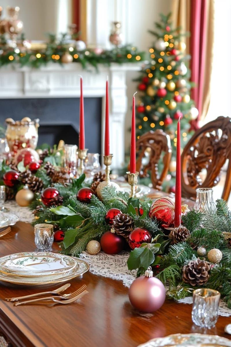 vintage-inspired candle centerpiece with faux fruit, greenery, and tall red tapers 1