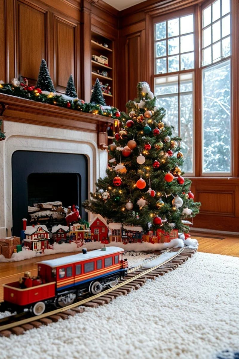vintage toy trains circling the base of the christmas tree with faux snow 1