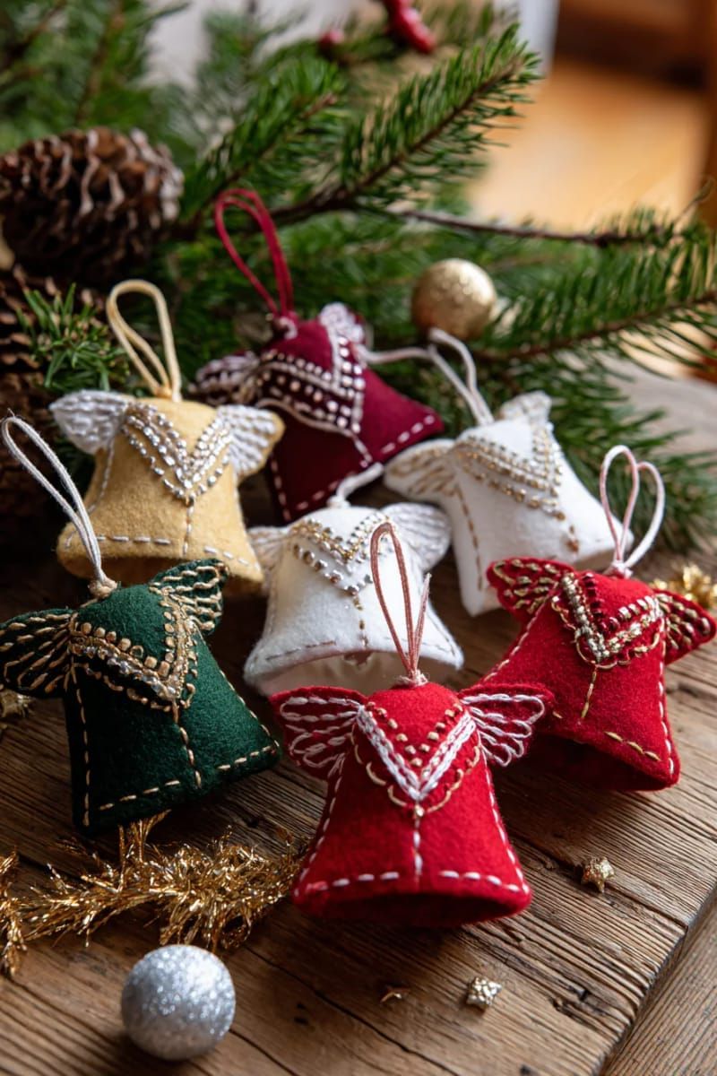 handmade felt ornaments in shapes of bells, angels, and rocking horses 1