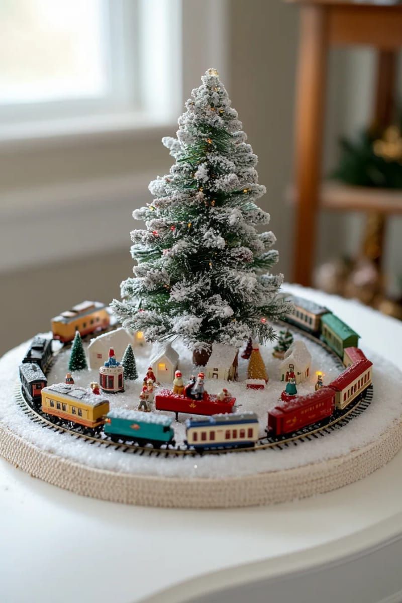 vintage toy trains circling the base of the christmas tree with faux snow 1