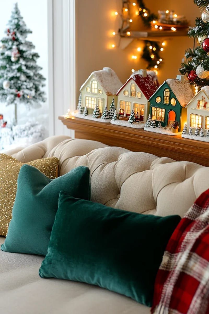 retro christmas village houses with glowing windows and snowy rooftops 1