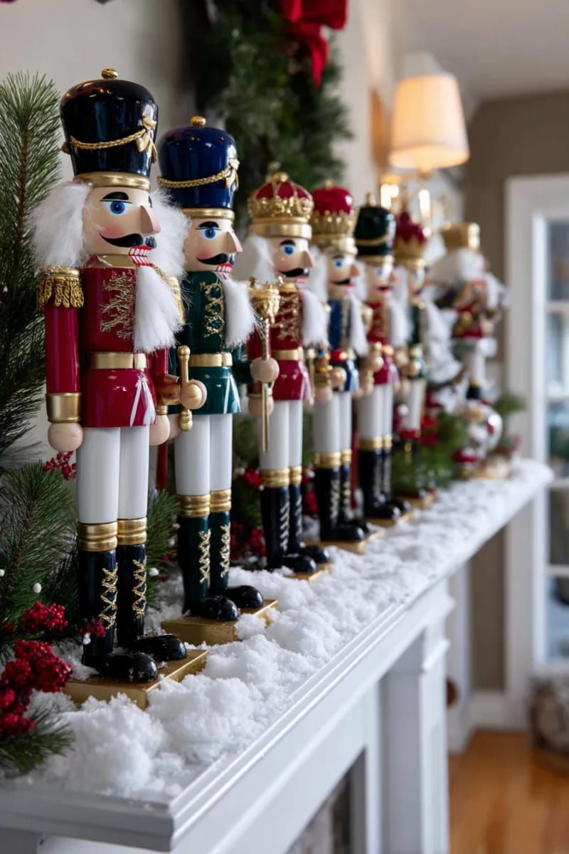 classic nutcracker figures lined up along a mantelpiece with faux snow 1
