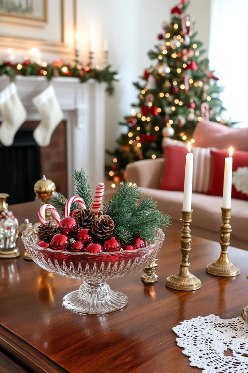 shimmering glass baubles, pinecones, and candy canes in a vintage punch bowl centerpiece 1