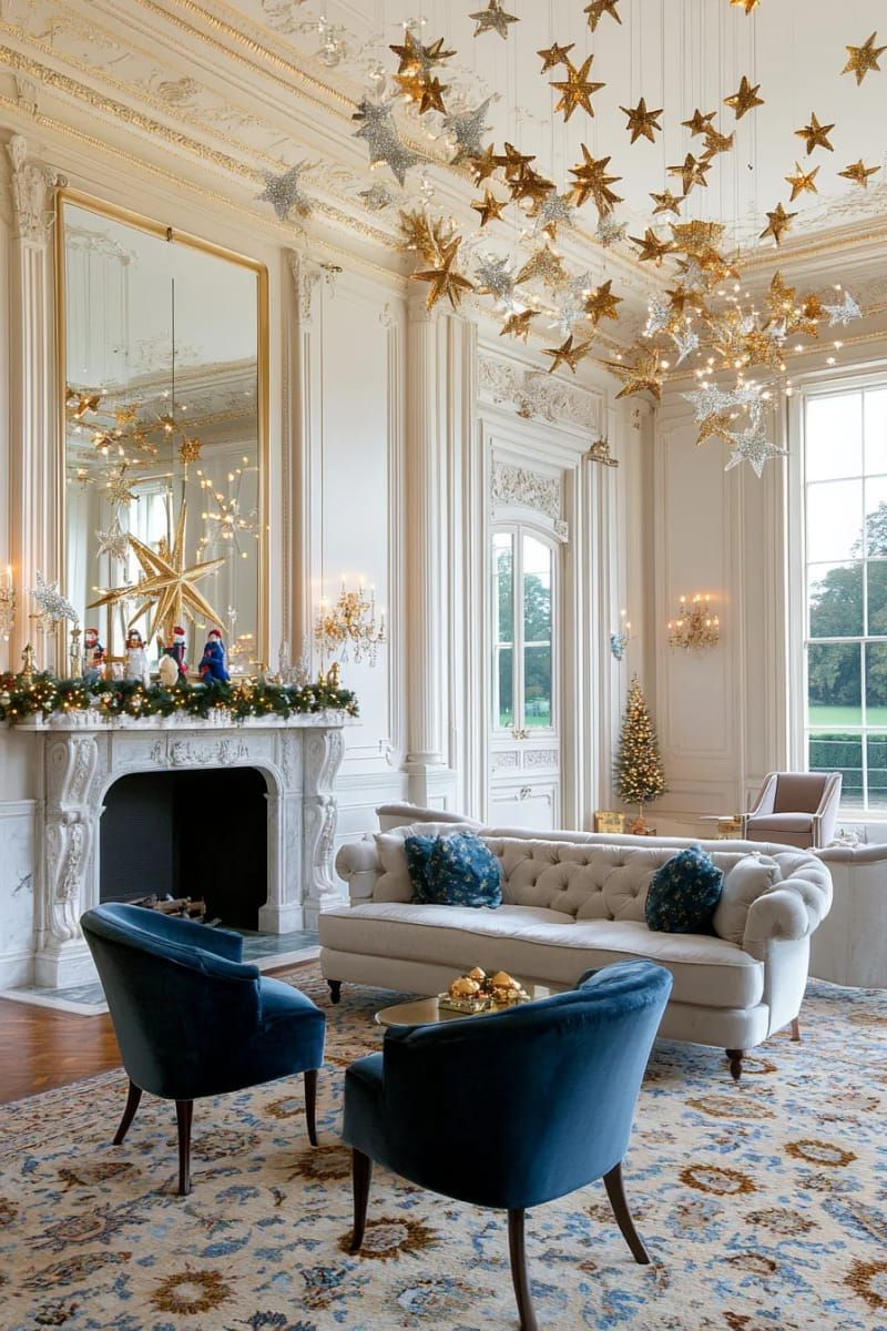 gold and silver tinsel stars hanging from the ceiling for a dreamy glow 1