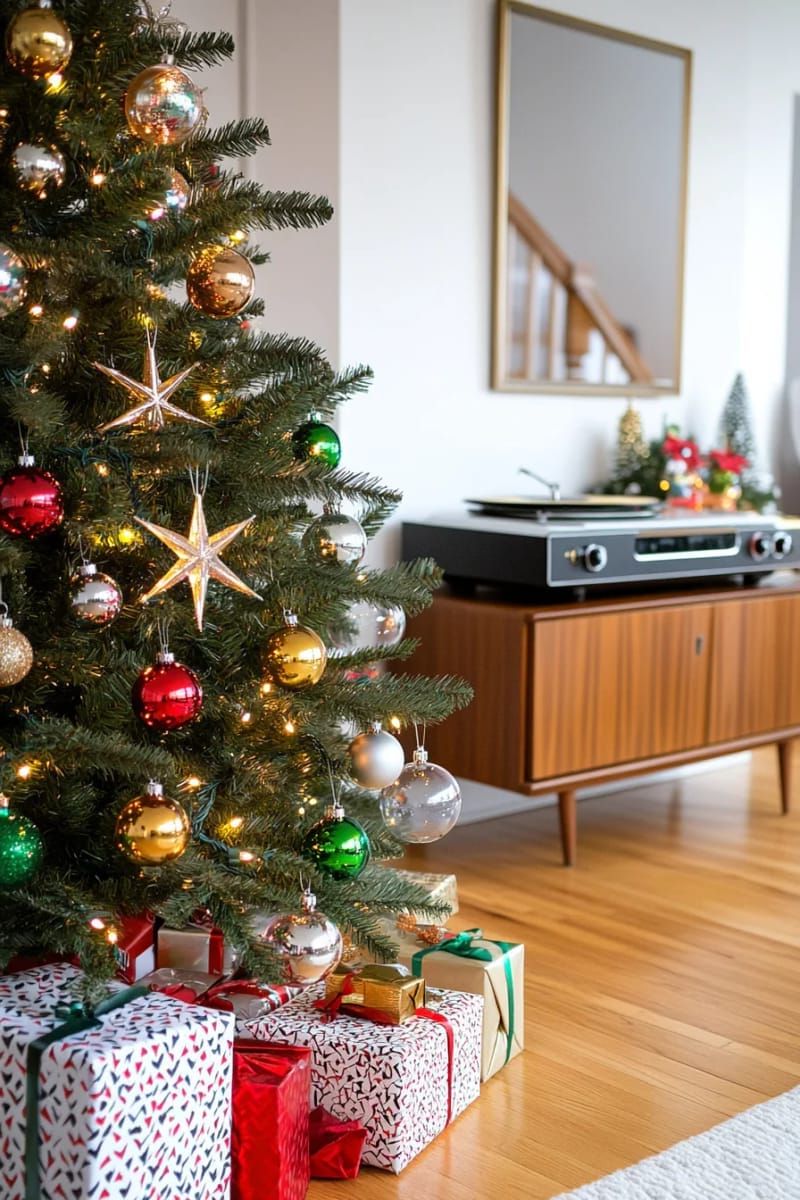 1950s inspired christmas tree decorated with bubble lights and shiny stars 1
