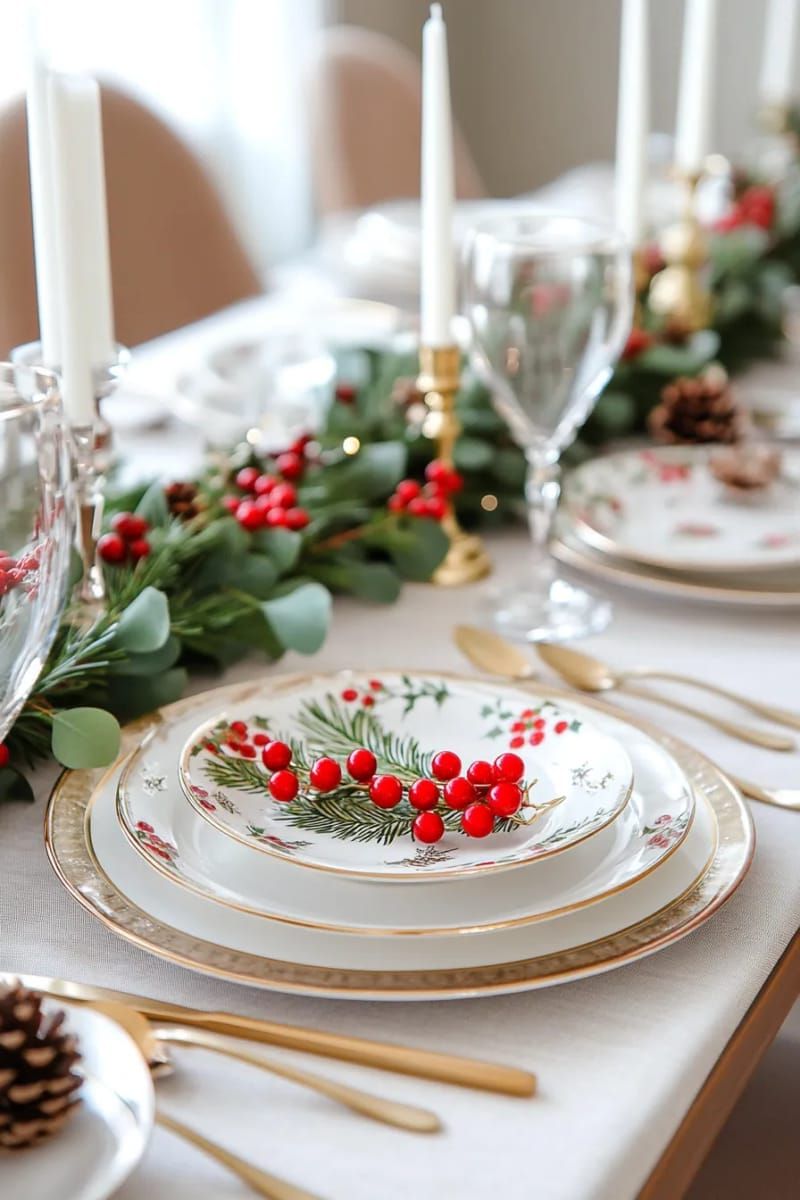 red berries intertwined with eucalyptus on a holiday dining table 1