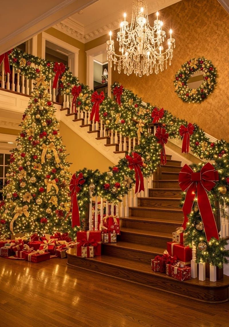 garland-wrapped banister with twinkling fairy lights and satin bows 1