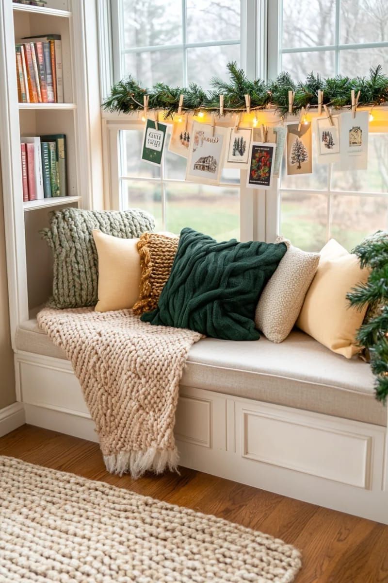 classic christmas card garland strung across a cozy reading nook 1