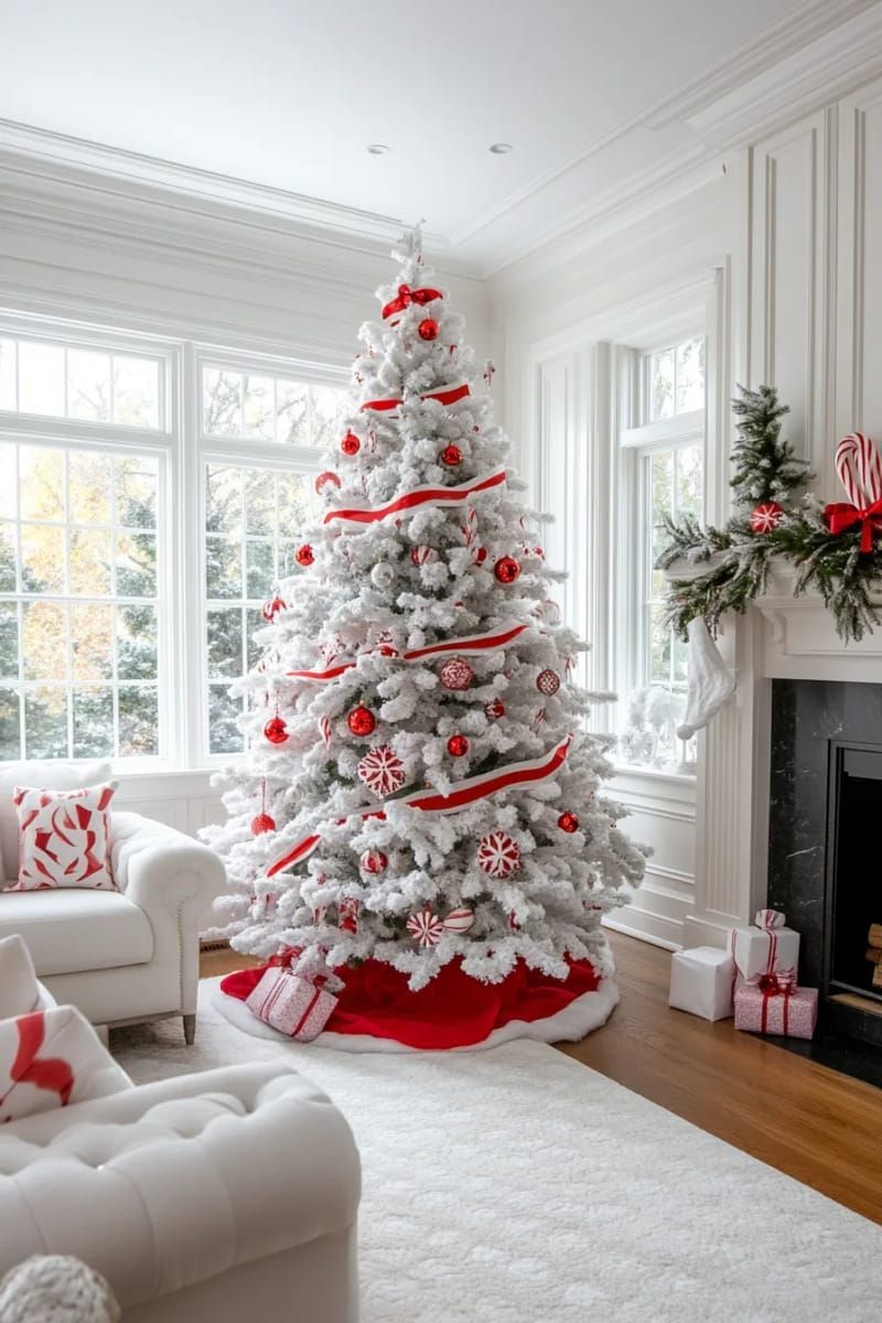 red-and-white striped ribbon garland on a snowy white tree 1